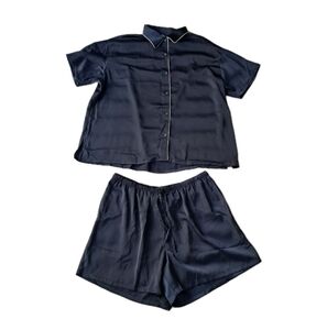 Uniqlo Satin Pajama Set XL Navy Short Sleeve Button Down & Shorts Sleepwear